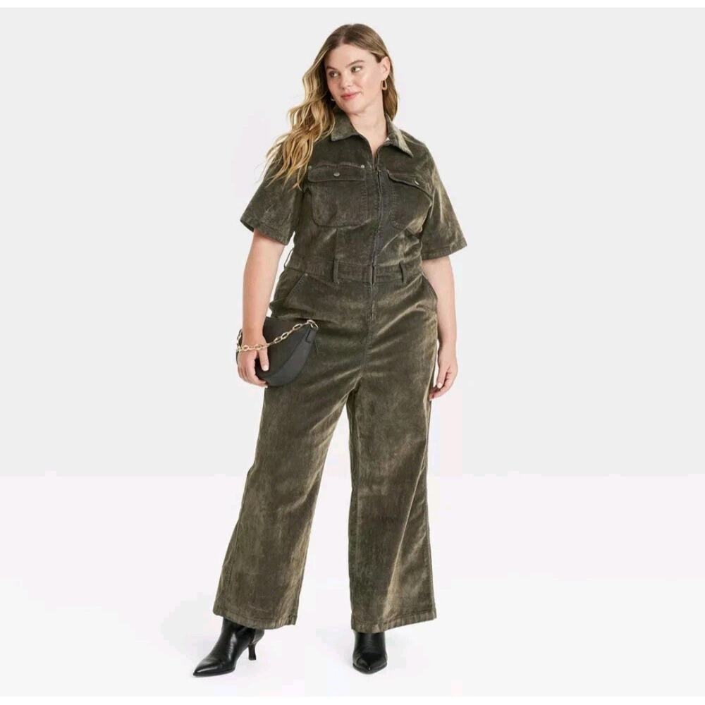 Women's Holiday Short Sleeve Flocked Denim Jumpsuit - Universal Thread Olive 17